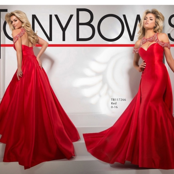 Tony Bowls Red Pageant prom dress gown overskirt